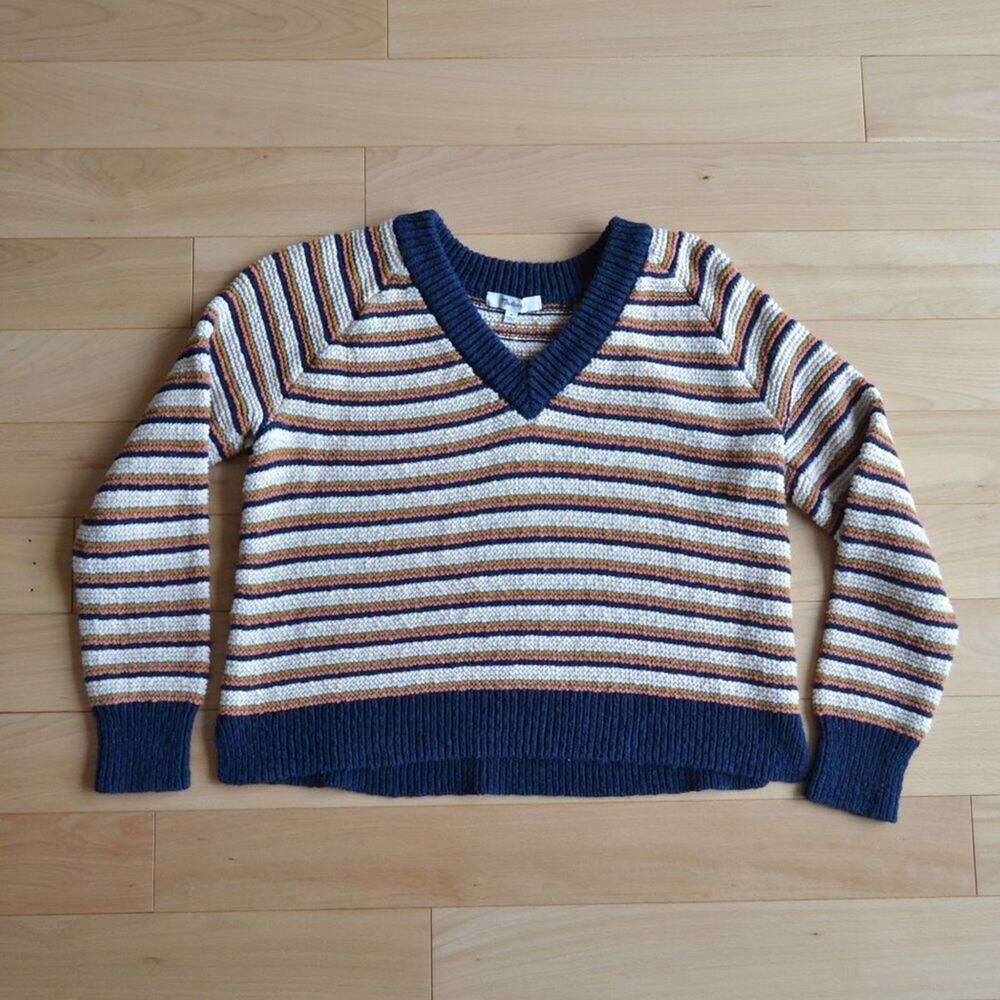 Madewell Striped V-Neck Sweater - Navy and Cream